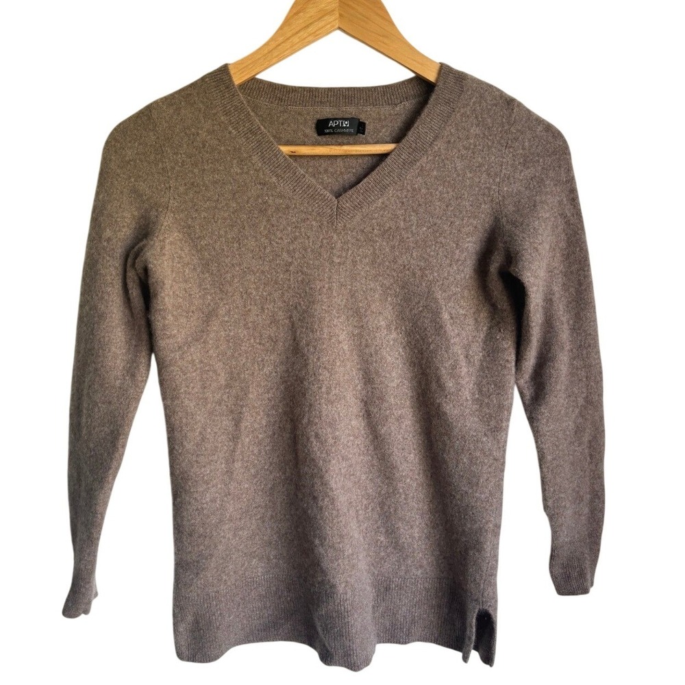 Apt. 9 Womens 100% Cashmere V-Neck Sweater Taupe Brown Long Sleeve Small RN73277